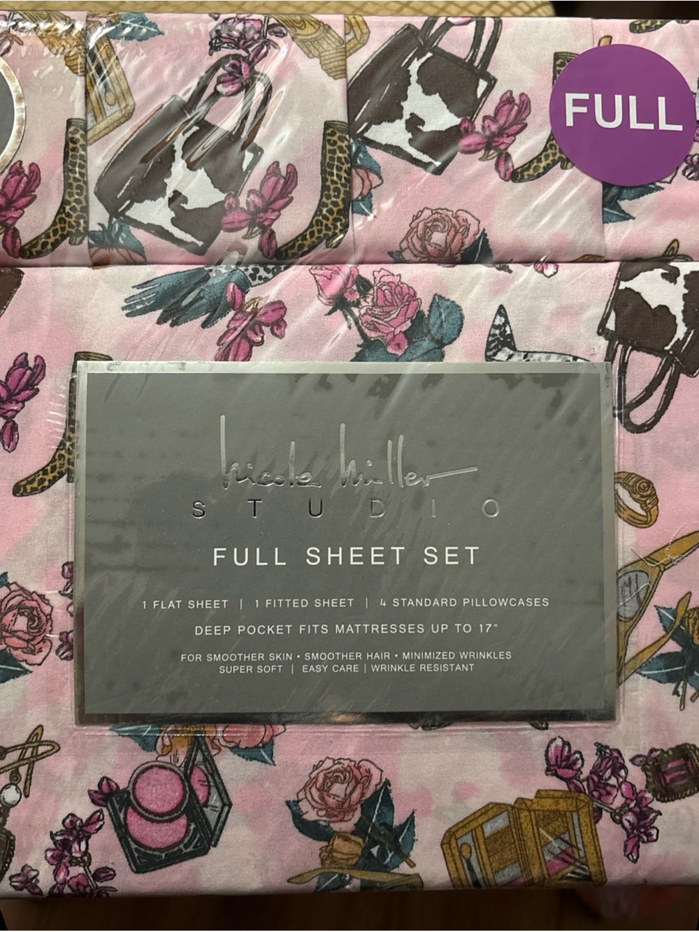Nicole Miller Pink Floral & Fashion Print Full Sheet Set